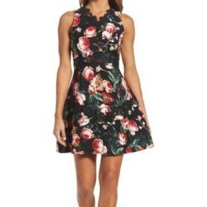 Chelsea28 BLACK FOXIE FLORAL Lace Fit & Flare Dres